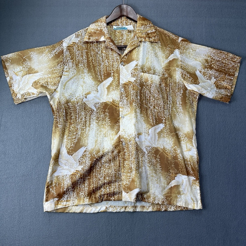 Vintage 60s/70s Penneys XL Brown‎ Tropical Hawaiian Short Sleeve Button-Up Birds